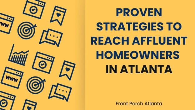 Infographic featuring icons for social media, messaging, websites, and a text that reads “Proven Strategies to Reach Affluent Homeowners in Atlanta”
